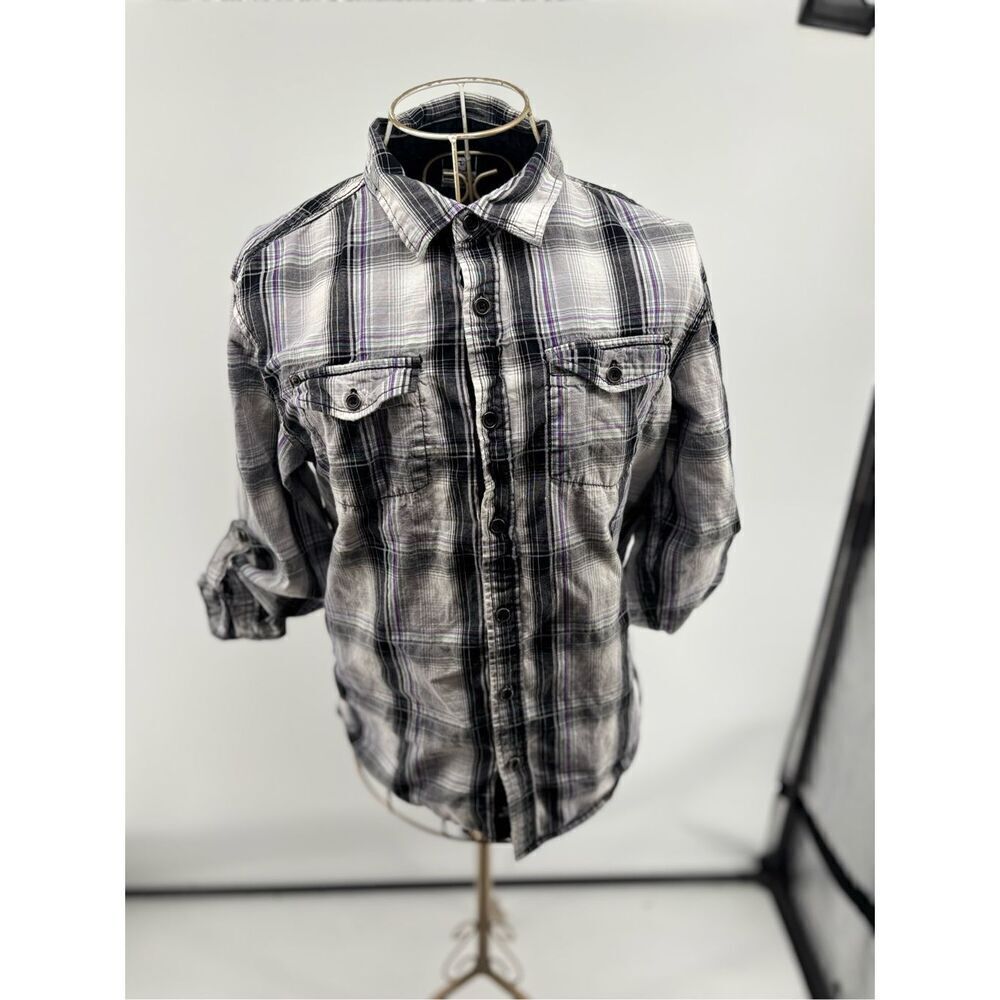 Ocean Current Plaid Roll Sleeve Button Down Shirt Women Large Cotton